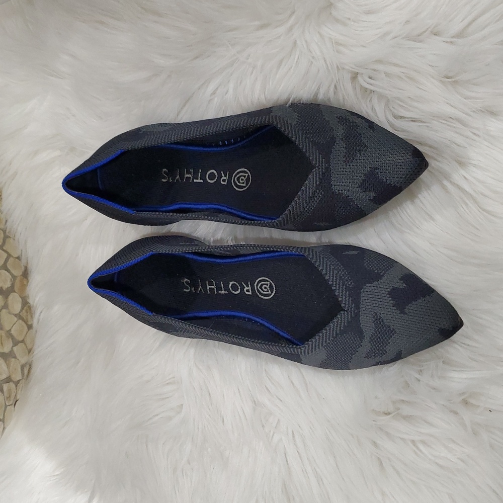 Rothy's The Point  Gray Camo  Flats with Sleek Pointed Toe and Blue Trim - Picture 8 of 16